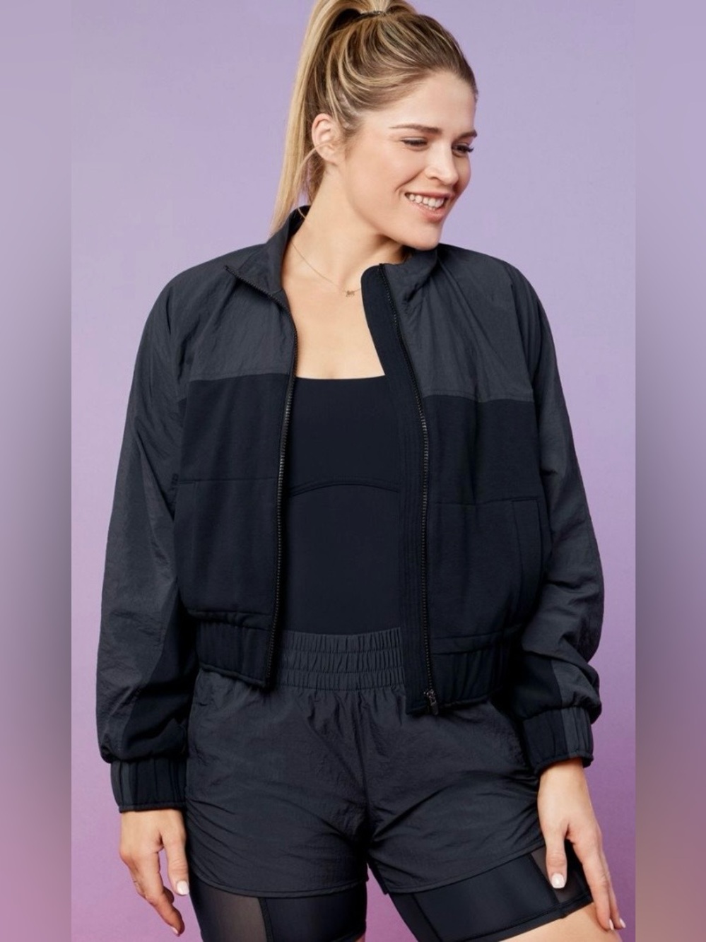 Fabletics Bobbie Glam Black Jacket Cropped Lightweight Bomber Athletic Zip-Up